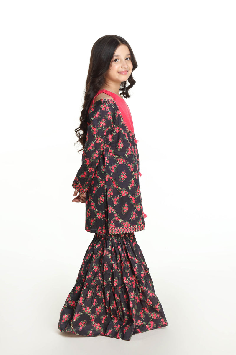 Digital Printed Embellished Kurti With Tiered Gharara (DGKS-128)